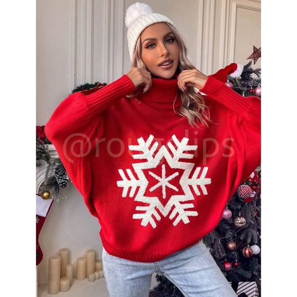 Red Oversized Pullover Sweater Snowflake Turtleneck Long Sleeve Knit - Picture 6 of 8